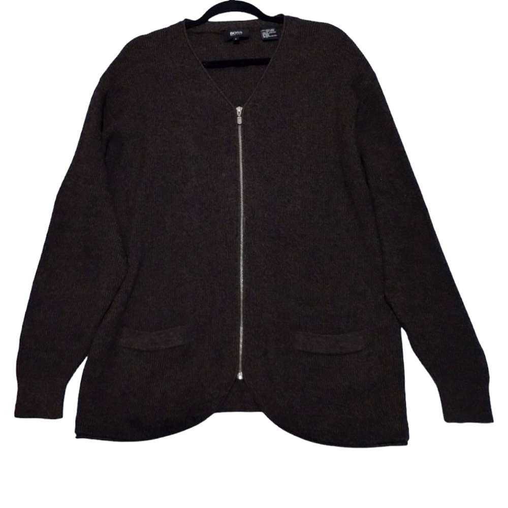 Hugo Boss Merino Wool Ribbed Knit Zip Up Pockets Cardigan